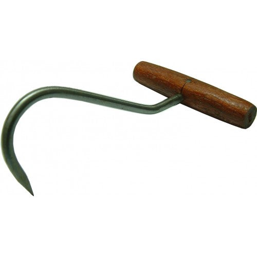 Heavy-duty bale hook with Tawa wood handle and bright steel shaft, designed for efficient bale handling in agriculture.