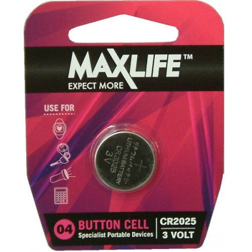 Max-Life CR2025 lithium button battery, 3.0V, reliable power source for electronics like remotes and calculators.