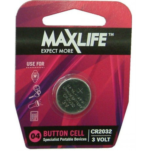 Max-Life Batteries Lithium Button CR2032, reliable 3.0 Volt cell for keyless remotes, watches, and more.