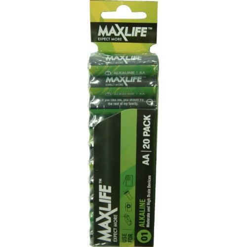 Max-Life Alkaline AA batteries 20-pack; reliable energy for cameras, flashlights, remotes, toys, and more.