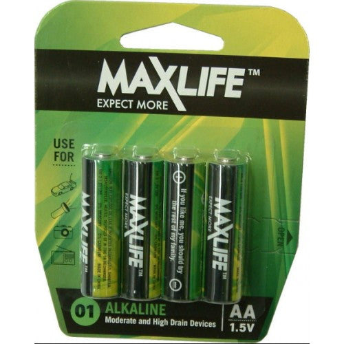 Max-Life AA Alkaline Batteries 4-Pack, reliable power for all devices, ensuring long-lasting performance and efficiency.