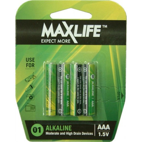 Max-Life Alkaline AAA Batteries 4-Pack, reliable power for high and moderate drain devices in Australia.