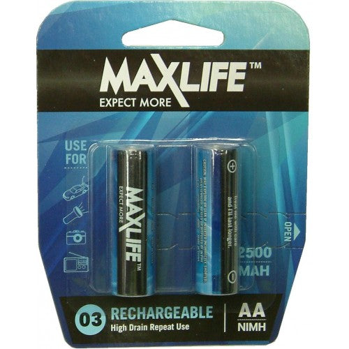 Max-Life Rechargeable AA Batteries 2-Pack, 2500 mAh, high-capacity NIMH, eco-friendly power for devices.