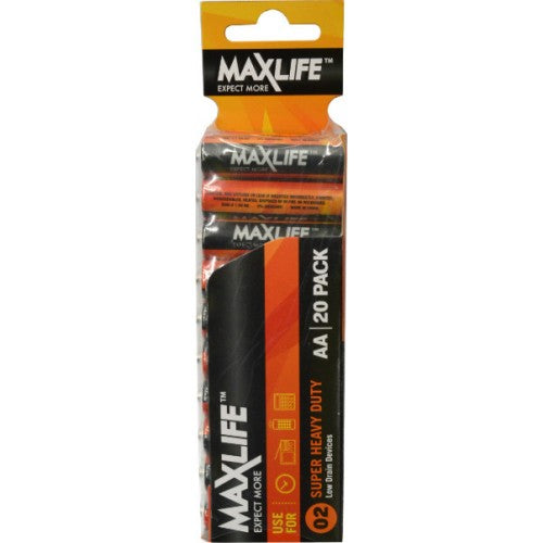 Max-Life Super Heavy Duty AA Batteries 20-Pack, reliable power for electronics, long-lasting and efficient performance.