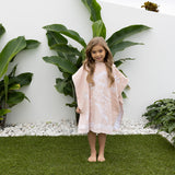 Kids' poncho towel with ocean print, UPF 50+ sun protection, soft velour, ideal for beach or pool adventures.