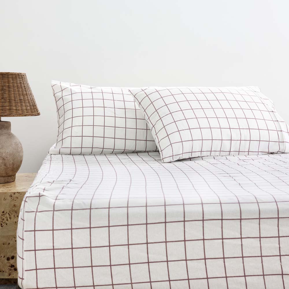 Grid Boysenberry Flannelette Fitted Sheet Set King - Bambury