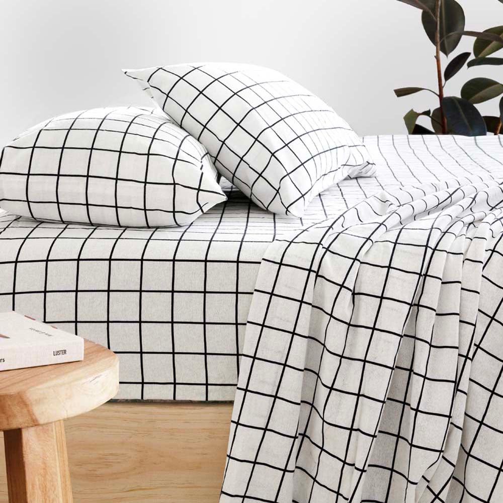 Grid Black Flannelette Sheet Set Double - Bambury