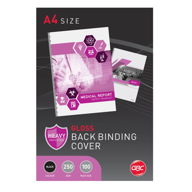 GBC A4 Gloss Black Binding Covers Pk100 for professional document presentation and protection, 250GSM, compatible with various binding systems.