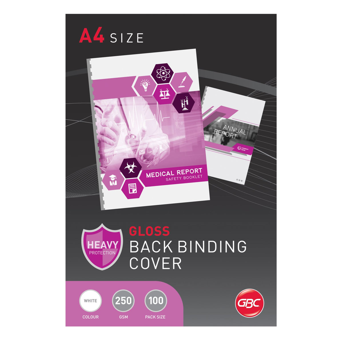 High gloss white A4 binding covers for professional document presentation, pack of 100, 250GSM durability.