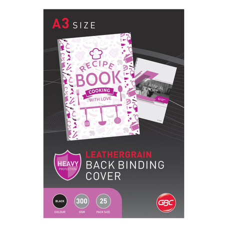 GBC Binding Cover A3 in black, embossed leather effect, pack of 25 for elegant document presentation.