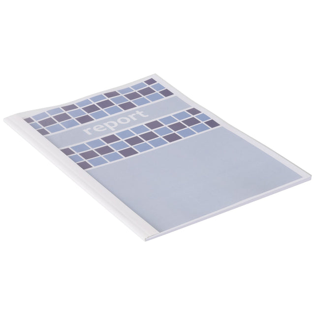 GBC Binding Cover 1.5mm White, pack of 25, for thermal binding, fits 10-15 sheets, features clear front and white spine.