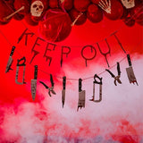 Spooky Bad Blood Keep Out Bunting Banner featuring 12 weapon designs, ideal for Halloween decor and themed parties.