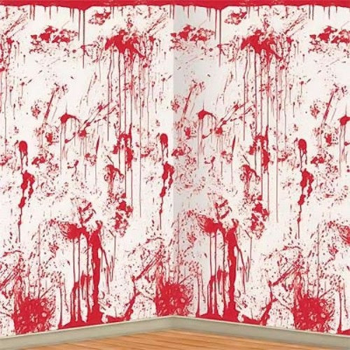 Backdrop wall featuring bloody splatters for creating a chilling horror scene at Halloween events.