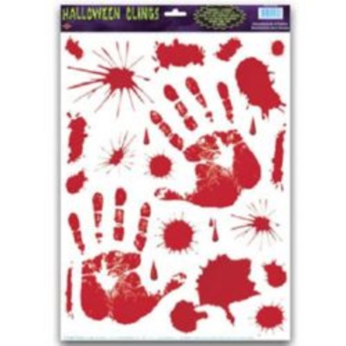 Pack of 22 bloody handprint window clings for Halloween, perfect for spooky decor on windows and doors.