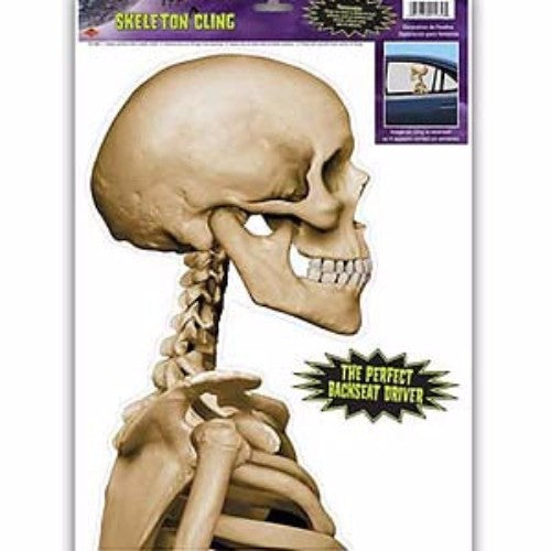 Eerie Backseat Driver Skeleton window cling for Halloween, measuring 31cm x 44cm, easy to apply and remove.
