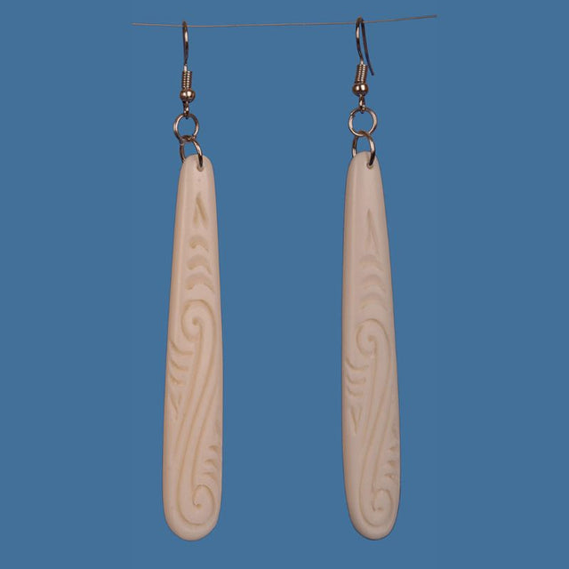 Handcrafted medium bone drop earrings featuring unique Maori patterns, perfect for cultural events or daily wear.
