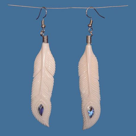 Handcrafted Bone Feather earrings with iridescent Paua inlays, showcasing Maori artistry and unique patterns.