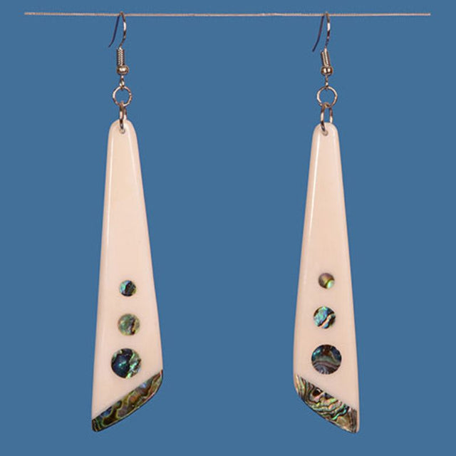 Bone earrings with vibrant paua inlay, showcasing Maori craftsmanship and unique design, perfect for any occasion.