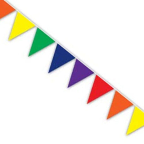 Vibrant 12 pennant rainbow banner for indoor/outdoor celebrations, 25cm high and 3.65m long, adds festive cheer.