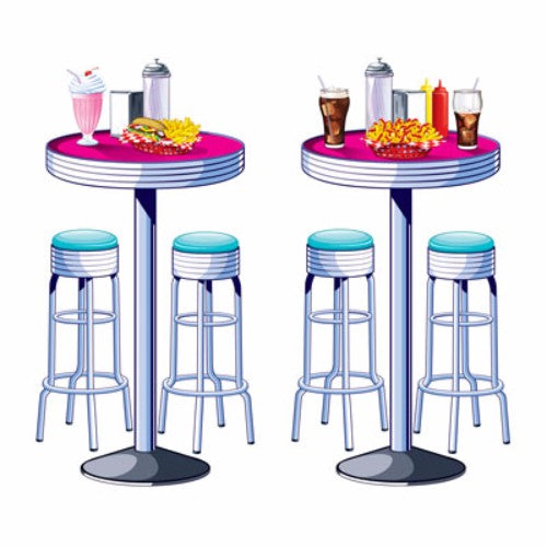 Vibrant cutout props of soda shop tables and stools, perfect for vintage-themed parties and photo backdrops.