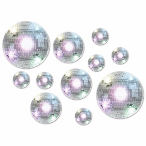 Vibrant assorted sizes disco ball cutouts, perfect for festive party decorations and stylish event backdrops.