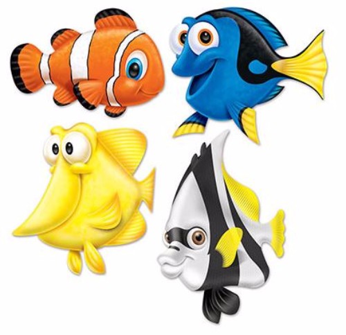 Vibrant fish cutouts in assorted sizes, perfect for ocean-themed decorations and children's craft projects.