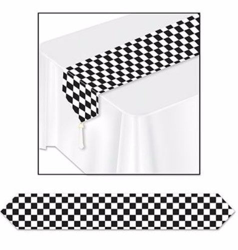 Black and white checkered table runner, 1.83m long, perfect for stylish dining occasions and easy to clean.