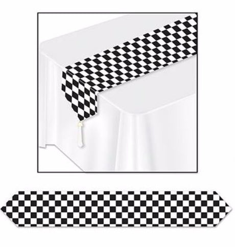 Black and white checkered table runner, 1.83m long, perfect for stylish dining occasions and easy to clean.
