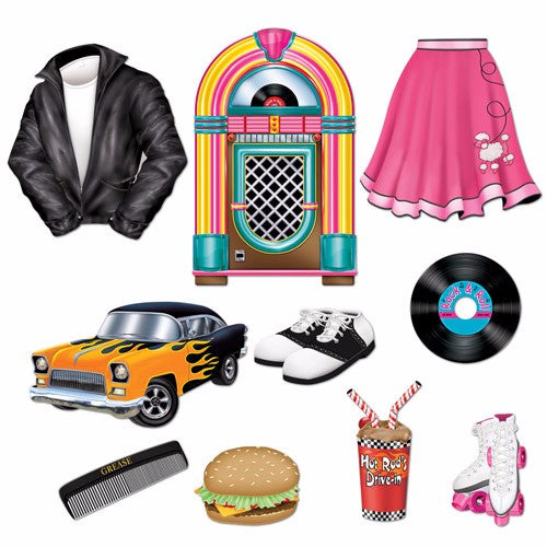 Pack of 10 vintage cutouts featuring jukeboxes, classic cars, burgers, and more for 50's themed parties.