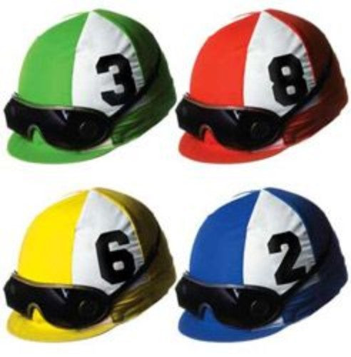 Vibrant Cutouts Jockey Helmets - Pack of 4, double-sided designs, 35cm, ideal for themed parties and events.