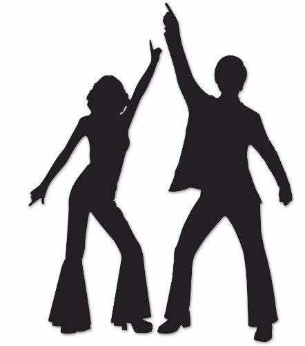 Pack of 2 vibrant black cardboard disco silhouette cutouts, perfect for 70s-themed parties and festive celebrations.