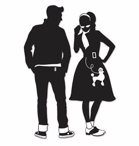Black cardboard silhouettes of 50's rock and roll dancers, perfect for retro-themed party decorations.