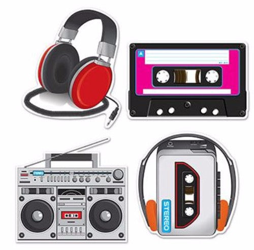 Vibrant pack of 4 cassette player and headphones cutouts, double-sided, measuring 30-36cm, perfect for creative projects.