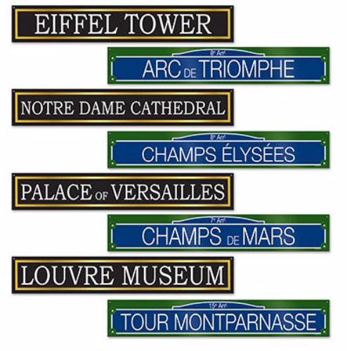 Set of 4 double-sided French street sign cutouts, each 61cm x 10cm, perfect for decorative use.