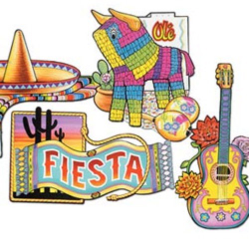 Vibrant 40cm cardboard fiesta cutouts, printed on both sides, perfect for lively party decorations. Pack of 4.