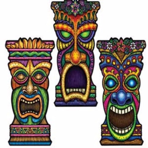 Vibrant cardboard tiki cutout, 55cm x 26cm, double-sided for festive luau themes and party decor.
