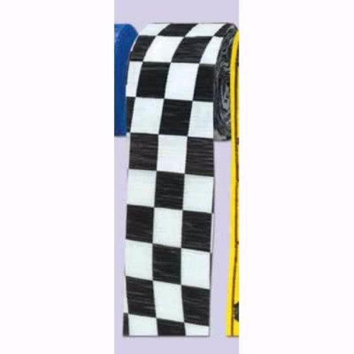 Black and white checkered crepe streamer, 6cm wide and 9 metres long, perfect for party decorations and festive occasions.