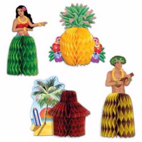 Bright Hawaiian-themed mini centrepieces, 13cm high, perfect for luau parties and summer gatherings, pack of 4.