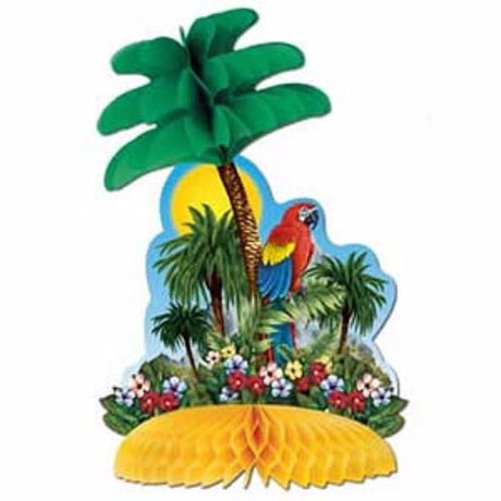 Vibrant 30cm Tropical Island honeycomb centerpiece with palm trees, perfect for summer parties and festive decor.