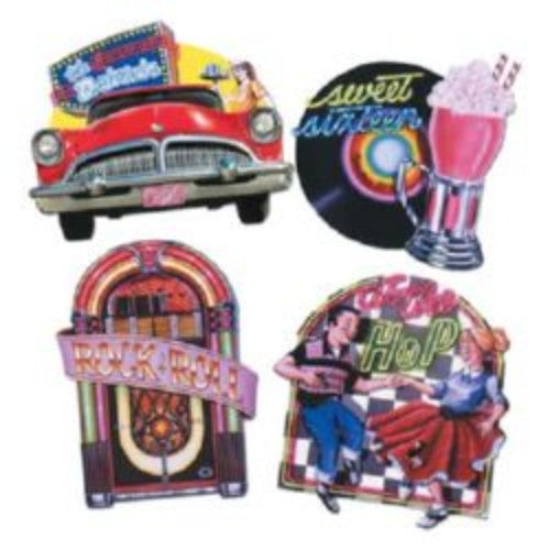 Vibrant 50's themed cardboard cutouts, 40cm each, pack of 4, double-sided for bold decorations at any event.