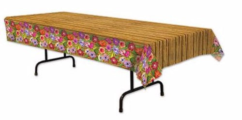 Vibrant Luau plastic table cover with palm tree and hibiscus design, measuring 137cm x 274cm for festive celebrations.