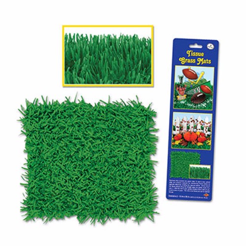Two vibrant green tissue grass mats, eco-friendly, perfect for crafting and event decor, each measuring 38cm x 76cm.