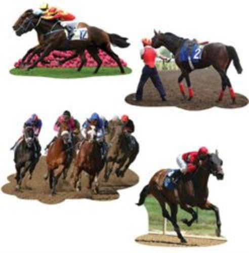 Pack of 4 vibrant horse racing cutouts, 35cm, double-sided for festive decorations and themed events.
