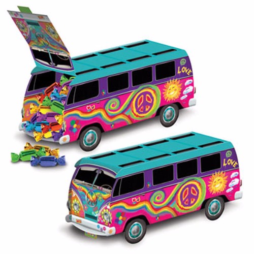 Colorful 60's retro bus centerpiece made of cardboard, measuring 24.5cm, perfect for hippie-themed decorations.