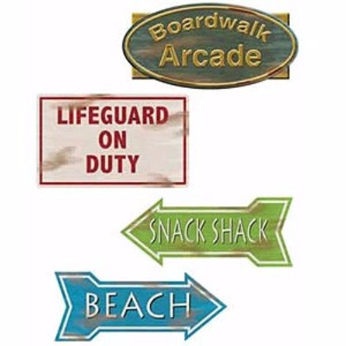 Pack of 4 double-sided cardboard Old Beach Signs, 35cm each, perfect for coastal decor and parties.