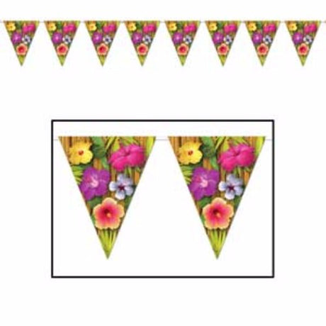 Vibrant Luau Flowers Banner Pennant, 25cm high, 3.65m long, 12 colorful pennants for tropical party decor.