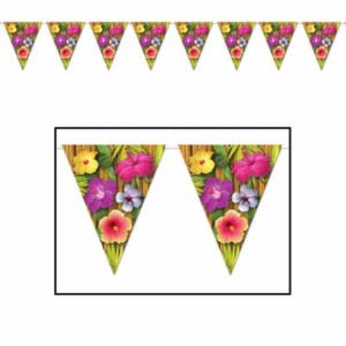 Vibrant Luau Flowers Banner Pennant, 25cm high, 3.65m long, 12 colorful pennants for tropical party decor.