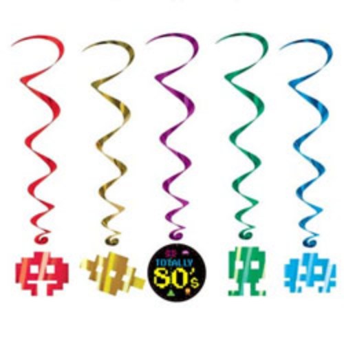 Hanging decoration featuring 5 colorful 80's themed whirls, including Space Invaders, at 86cm and 100cm lengths.
