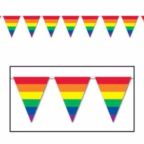 Vibrant Rainbow Pennant Banner, 25cm high and 3.65m long, features 12 colorful flags for indoor or outdoor celebrations.
