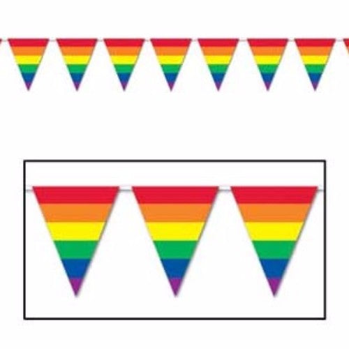 Vibrant Rainbow Pennant Banner, 25cm high and 3.65m long, features 12 colorful flags for indoor or outdoor celebrations.